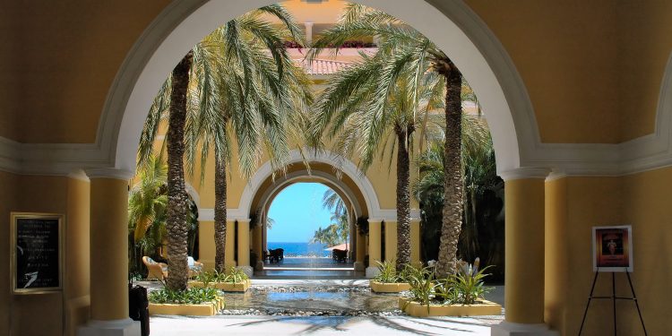 View through colonial arches to the ocean