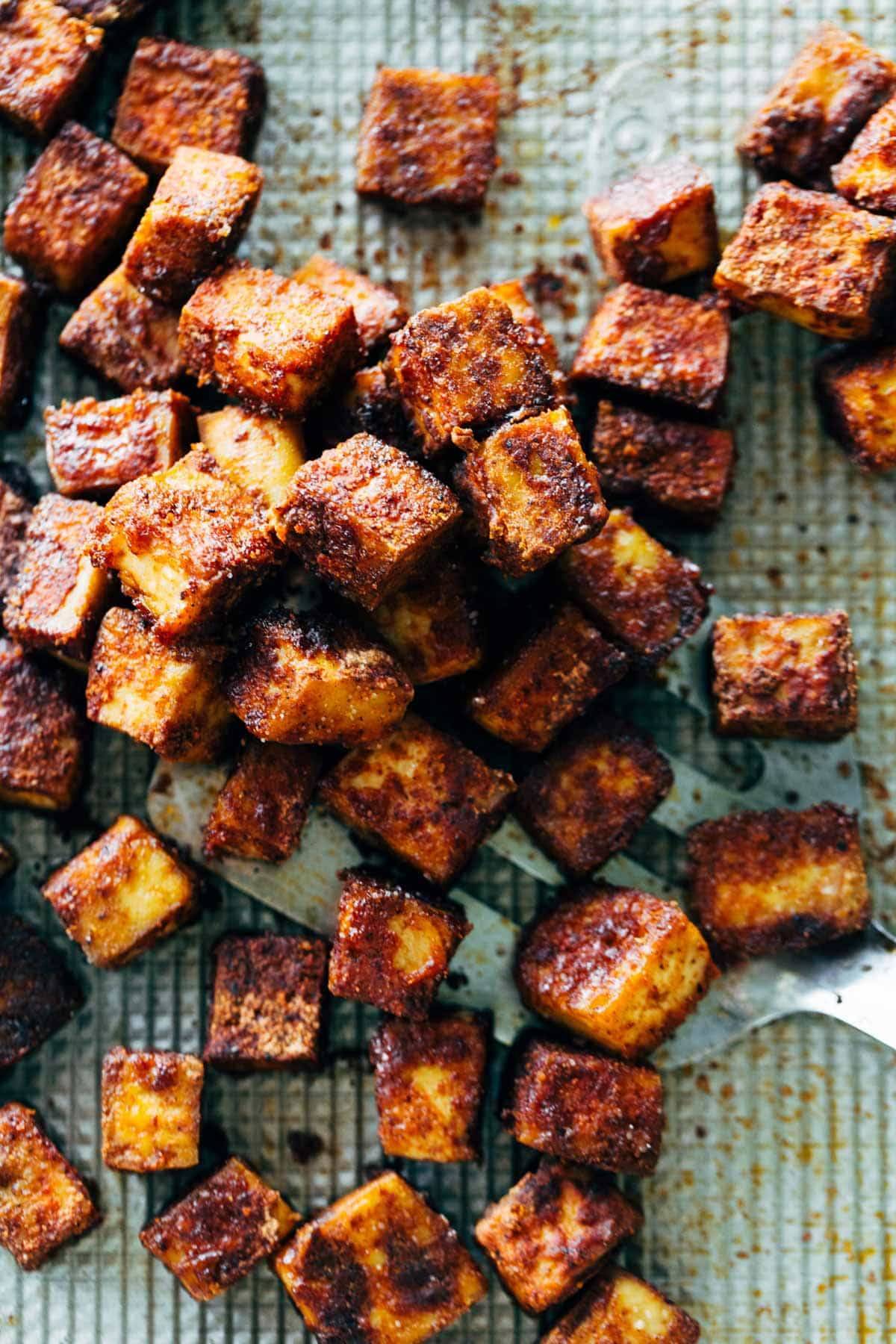 Crispy BBQ tofu on a pan.