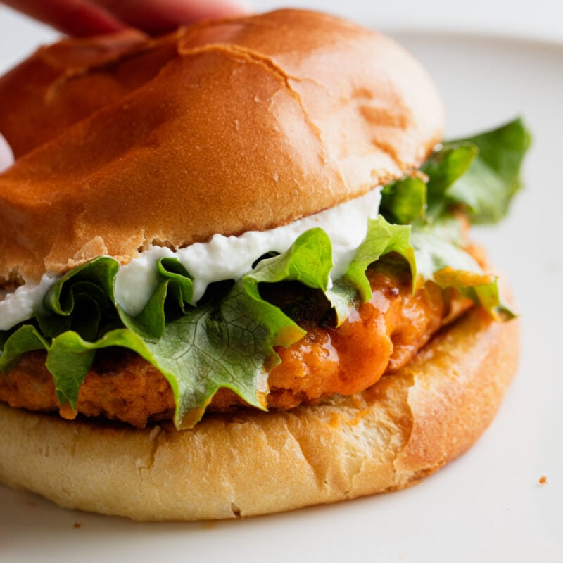 A picture of Buffalo Chicken Burgers with Whipped Feta Spread