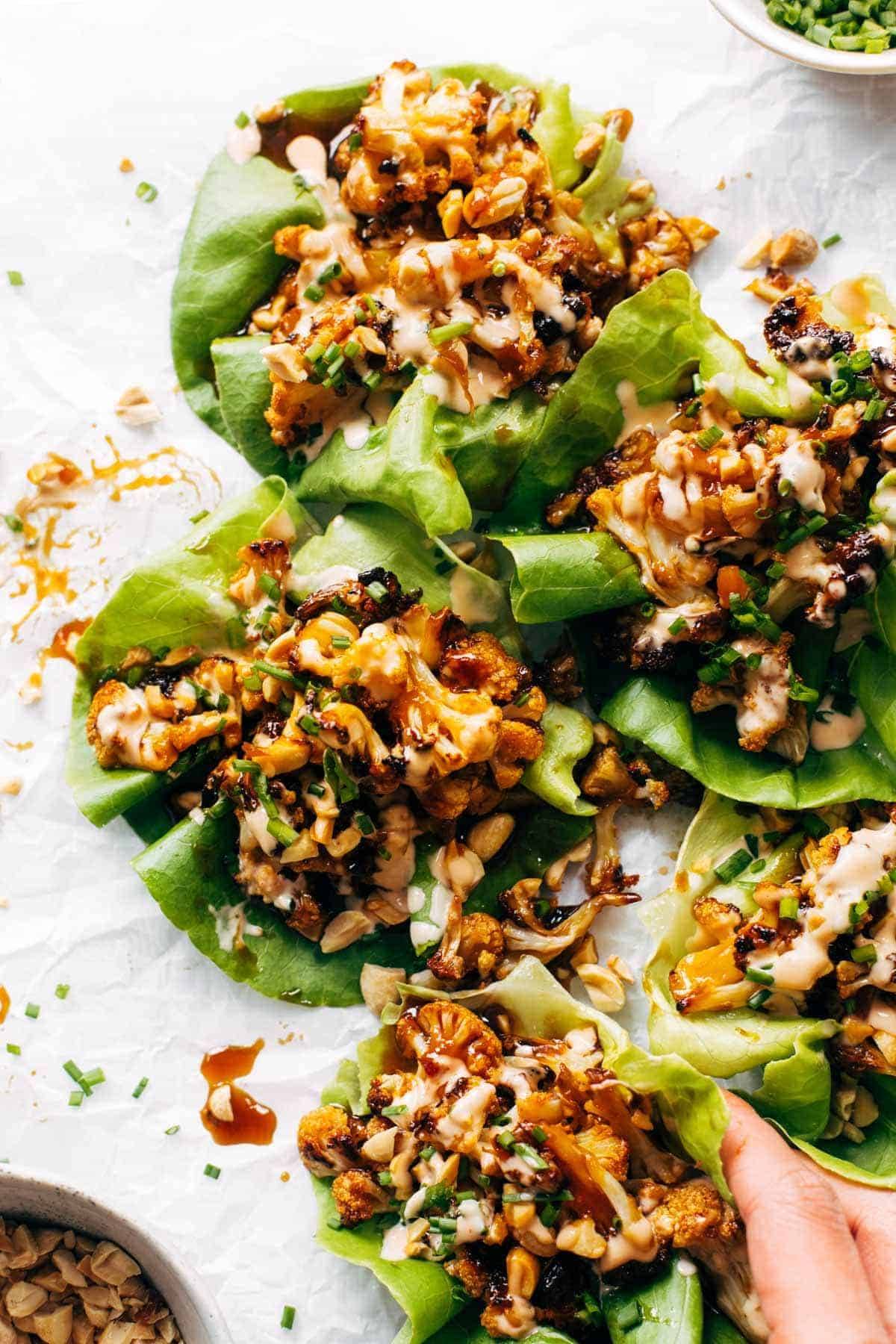 Cauliflower lettuce wraps with spicy mayo.