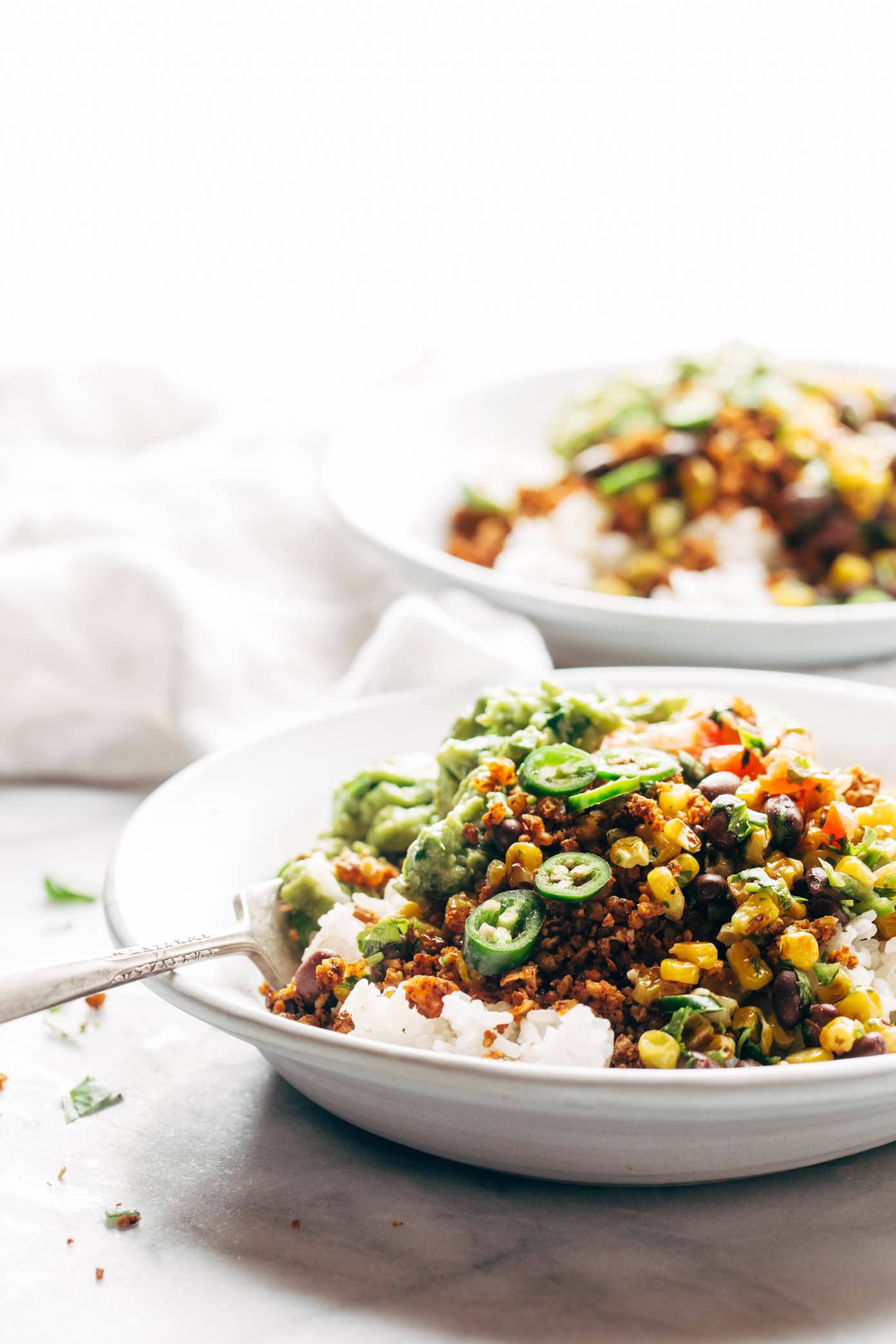 Spicy Cauliflower Walnut Taco Meat in a bowl over rice.