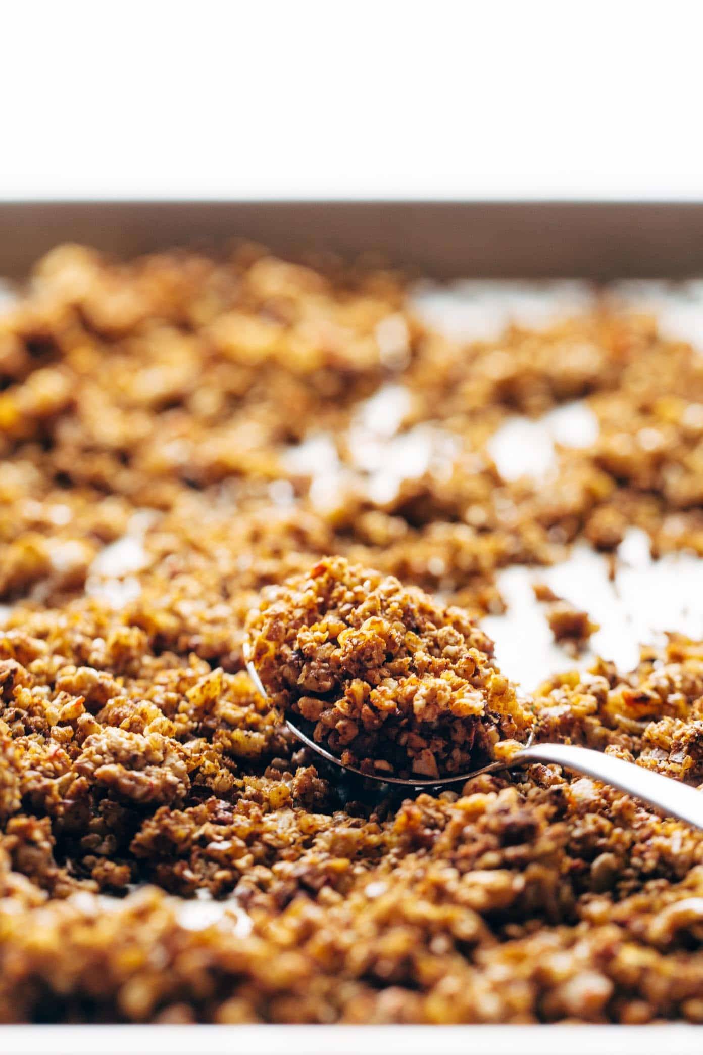 Spicy Cauliflower Walnut Taco Meat on a spoon.