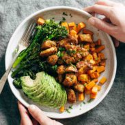 Chicken and sweet potato meal prep bowls with broccoli.