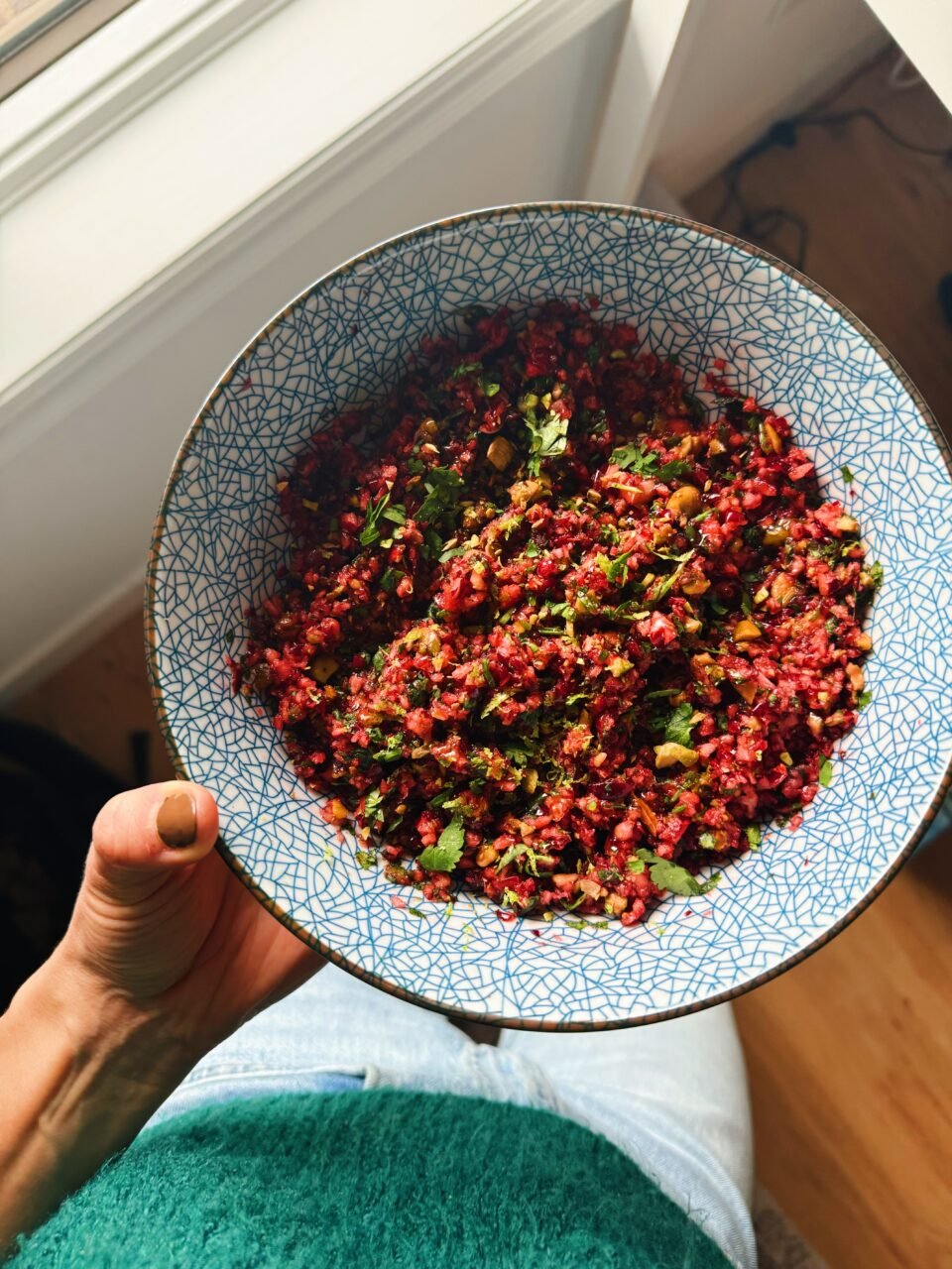 Chopped cranberry salsa in a bowl.