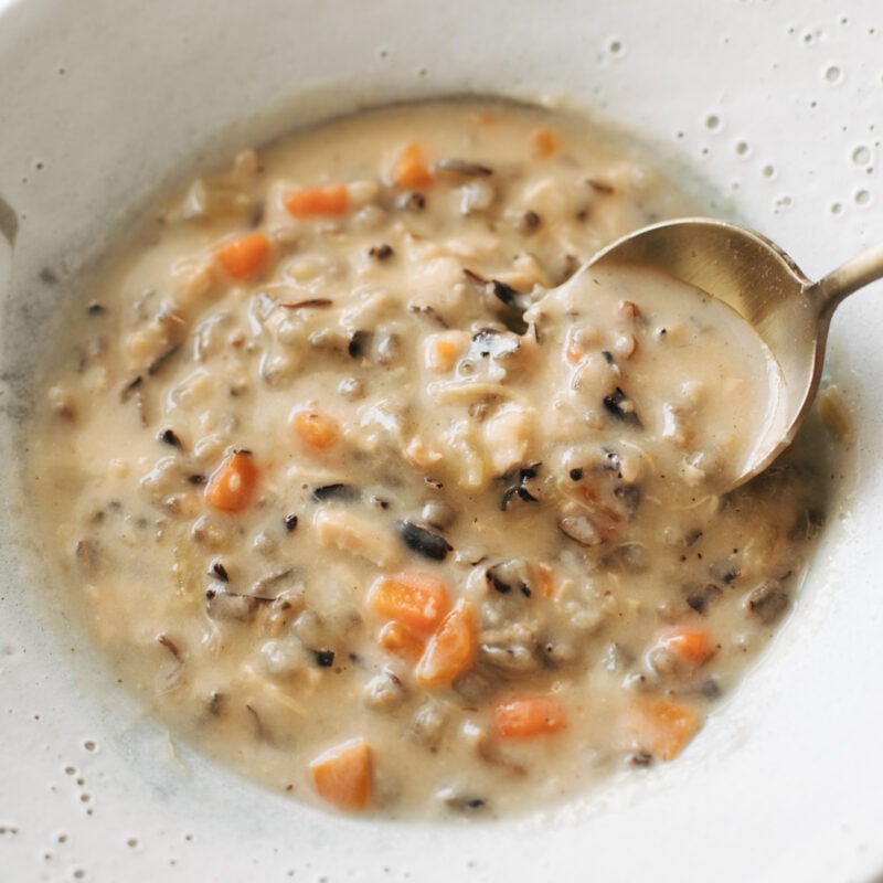 Chicken wild rice in a bowl.