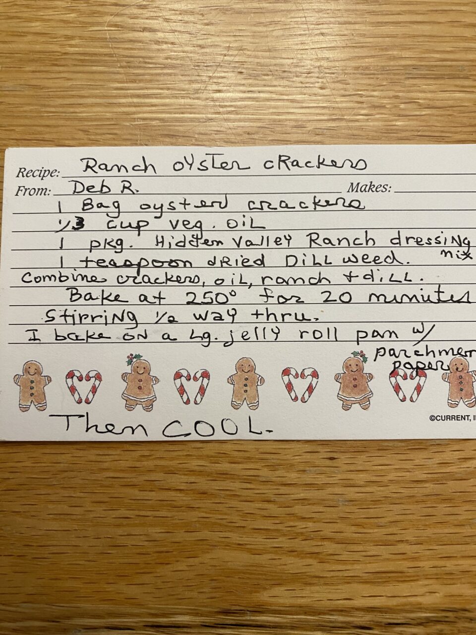 Written recipe on note card for ranch crackers.