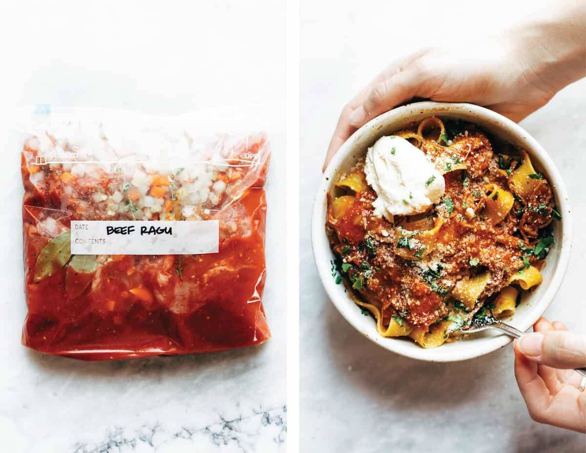 Beef ragu in a plastic bag and a bowl of beef ragu with pasta.