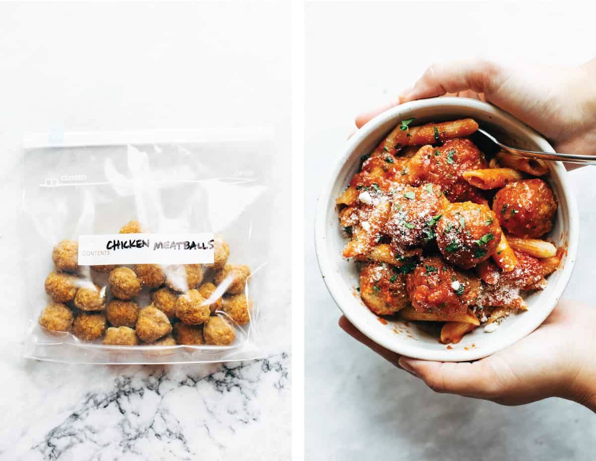 Chicken meatballs and pasta with red sauce and cheese in a bowl with a fork.