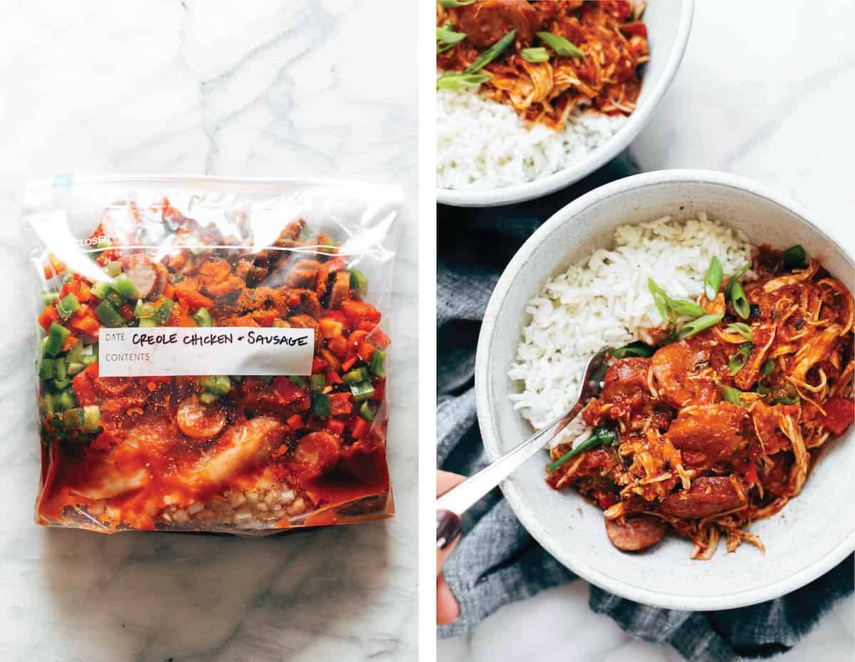 Creole chicken sausage prep in a plastic bag and a bowl of rice and creole chicken sausage.