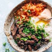 Korean BBQ Yum Yum Rice Bowls in a bowl with fork.