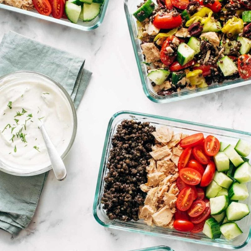 A picture of Lentil Greek Salad with Dill Sauce