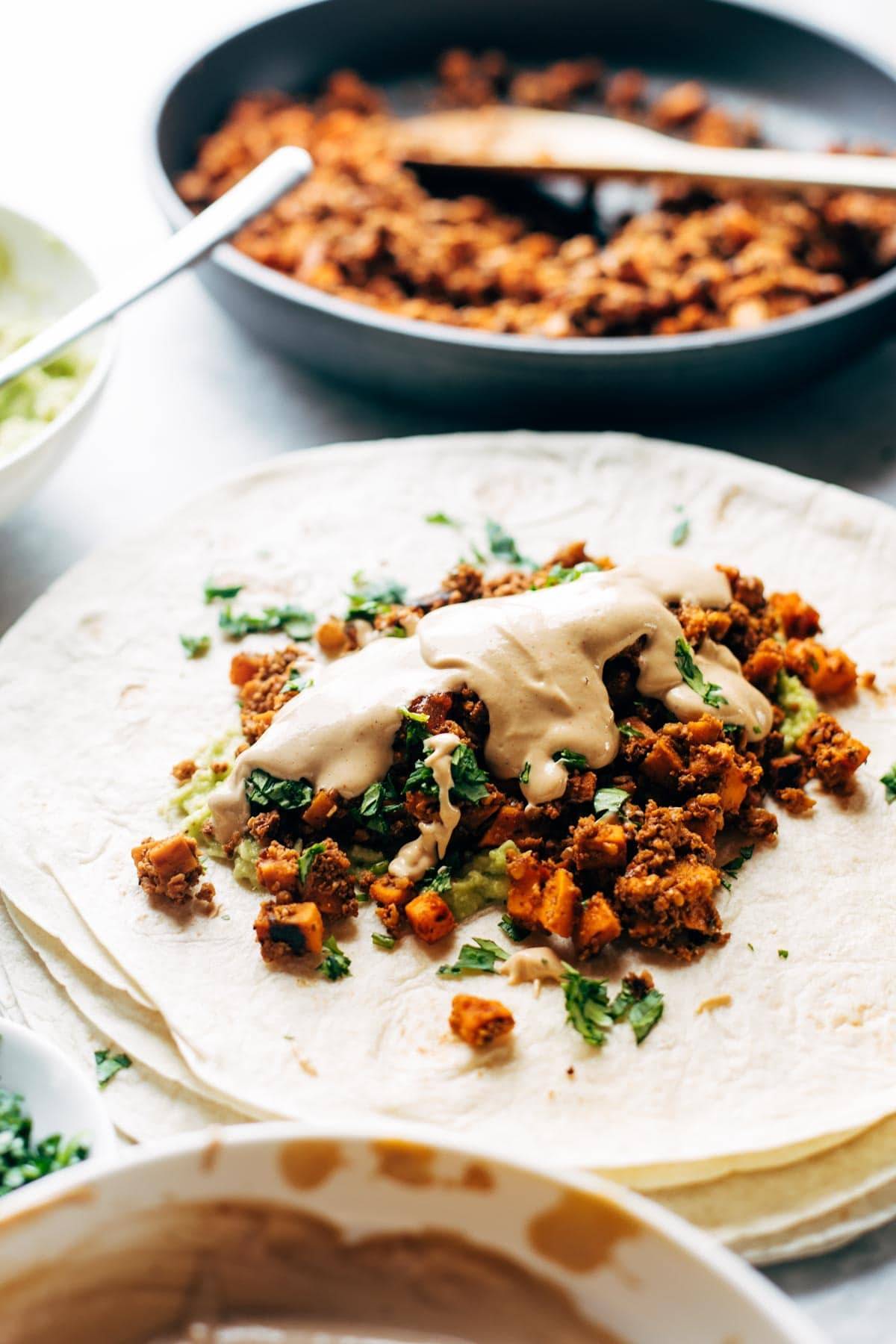 Vegan mega-burrito before rolling.