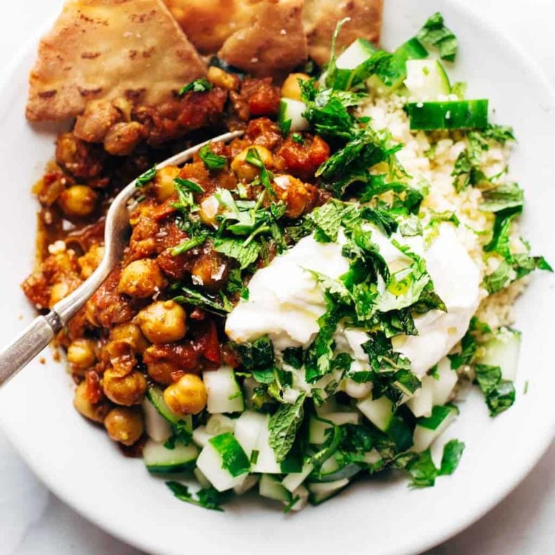 Moroccan Chickpeas in a bowl with couscous.