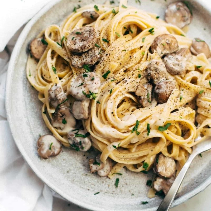 Mushroom Fettuccine on plate with fork.