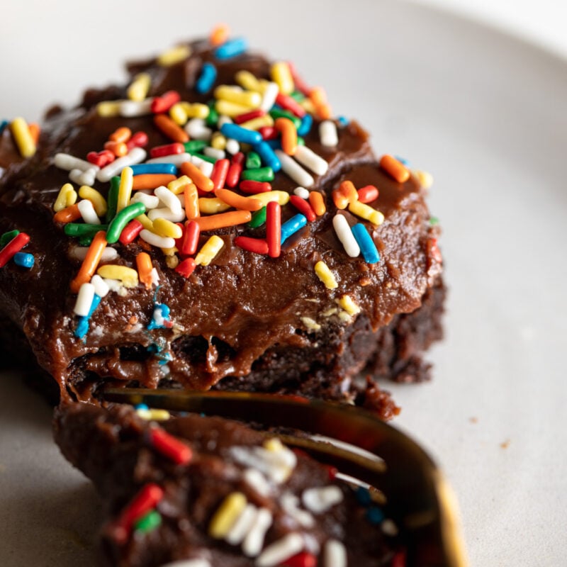 Brownie on a plate with rainbow sprinkles.