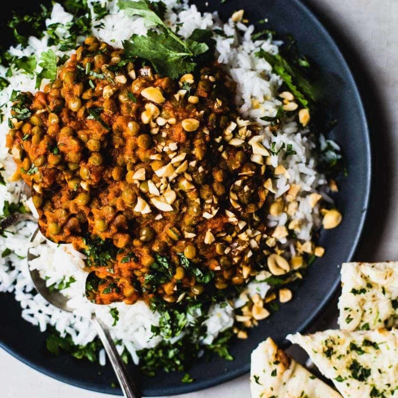 Red curry lentils with rice and naan.