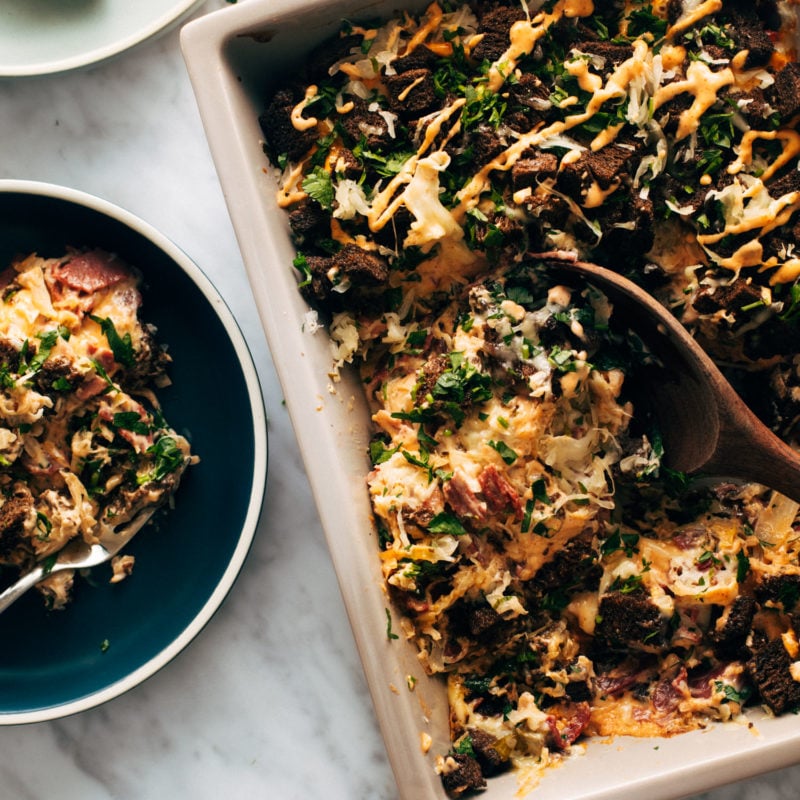 Reuben casserole in a pan