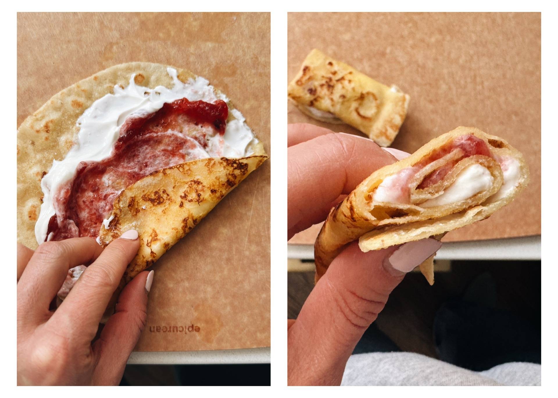 Rolling up a french toast crepe with yogurt and blueberries.