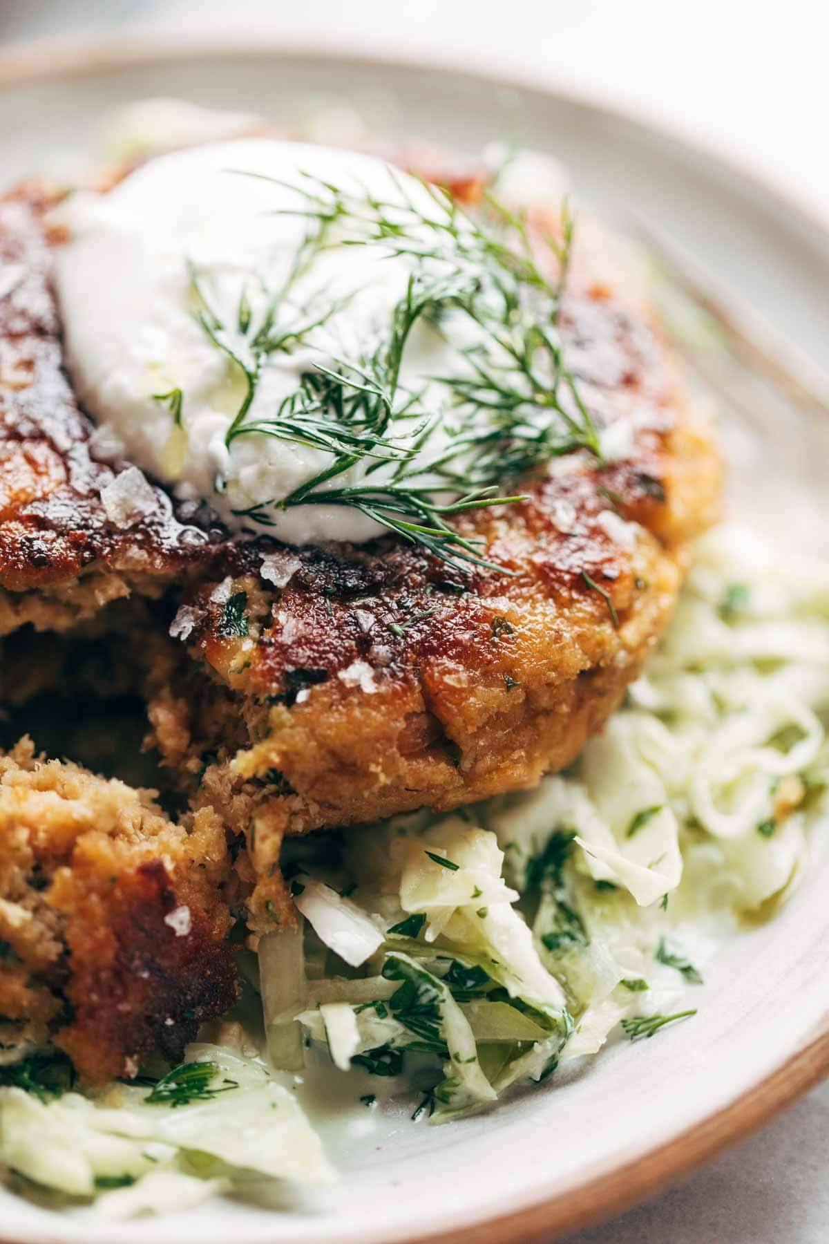 Salmon burger close up.