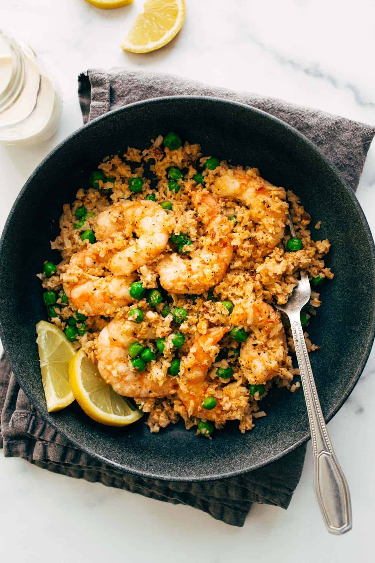 Close up of cauliflower and rice dish in bowl.