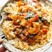 Garlic Butter Capellini Pomodoro with Shrimp in bowl.