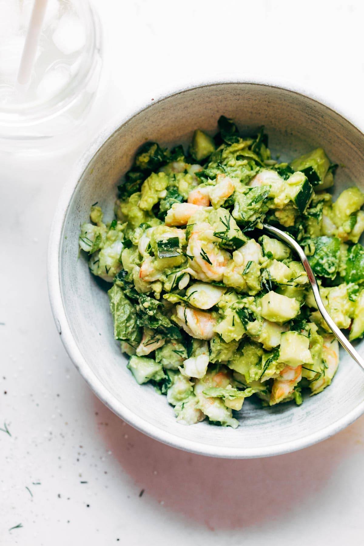 Avocado shrimp salad in a bowl.