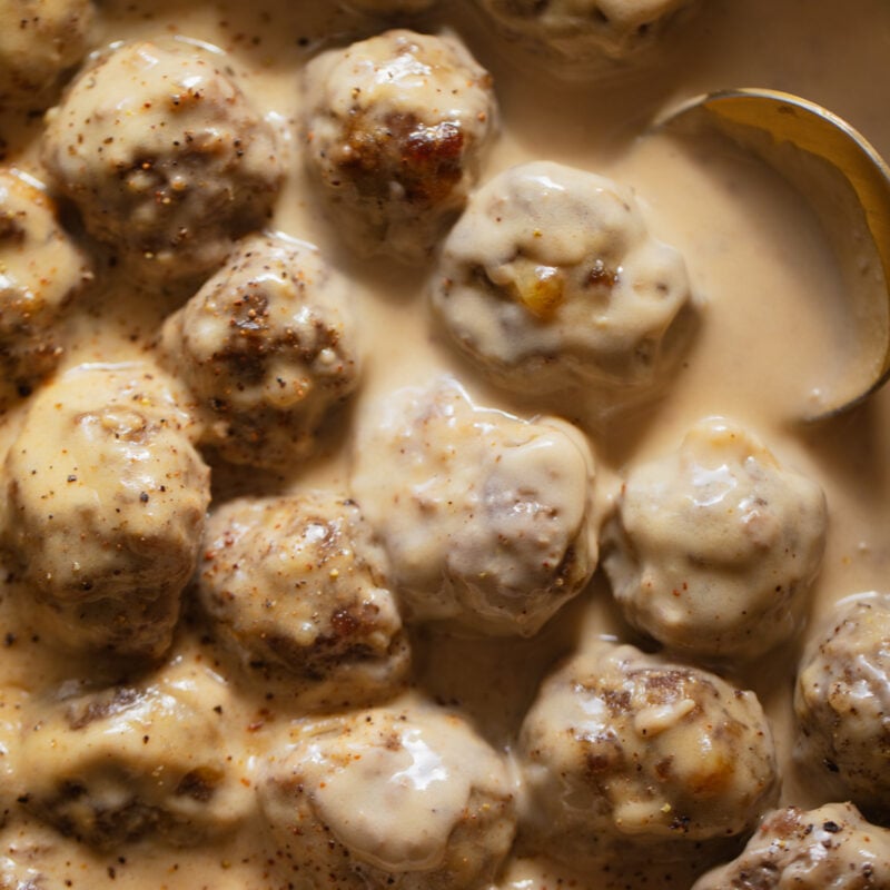 Swedish meatballs in a pan.