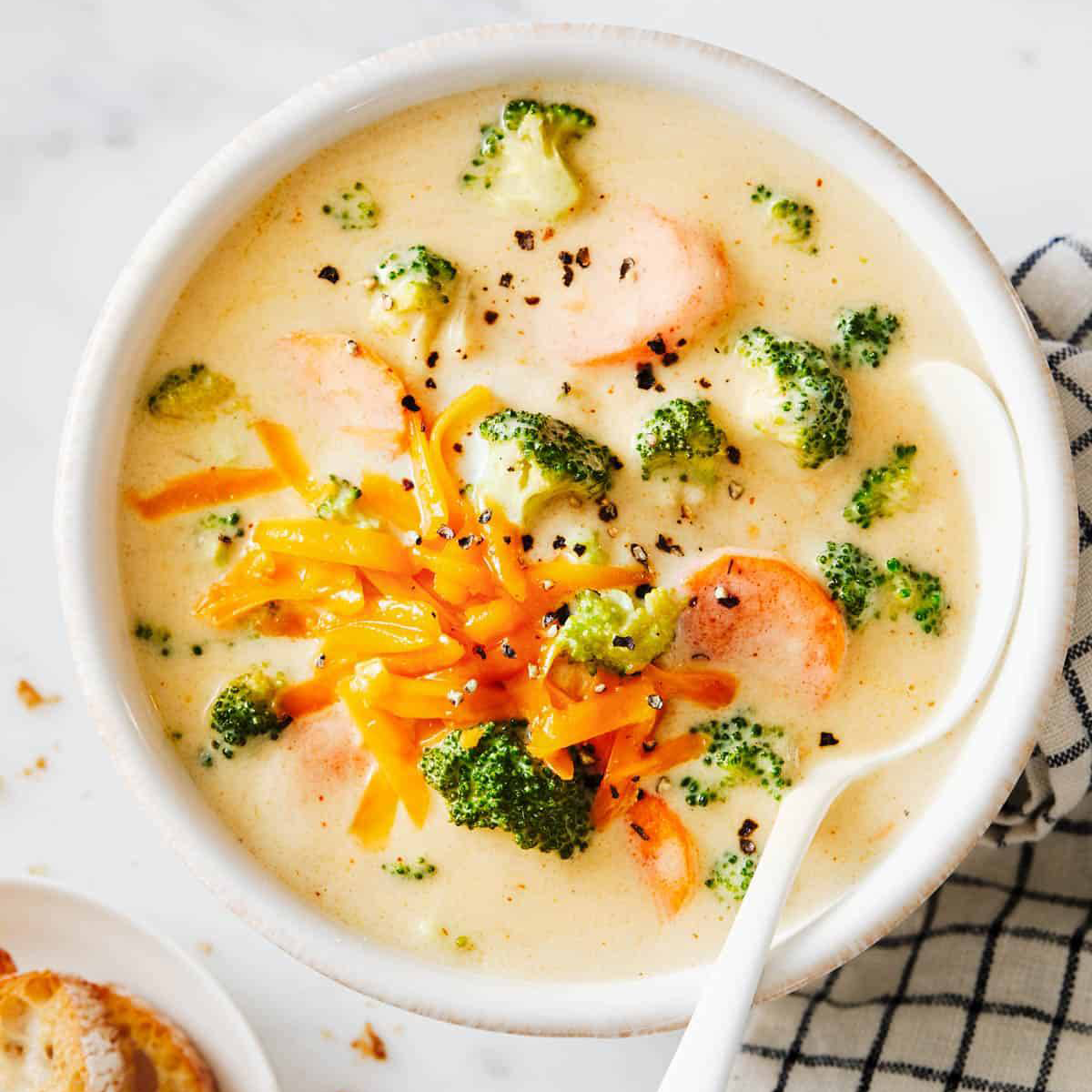 Broccoli cheese soup in a bowl.