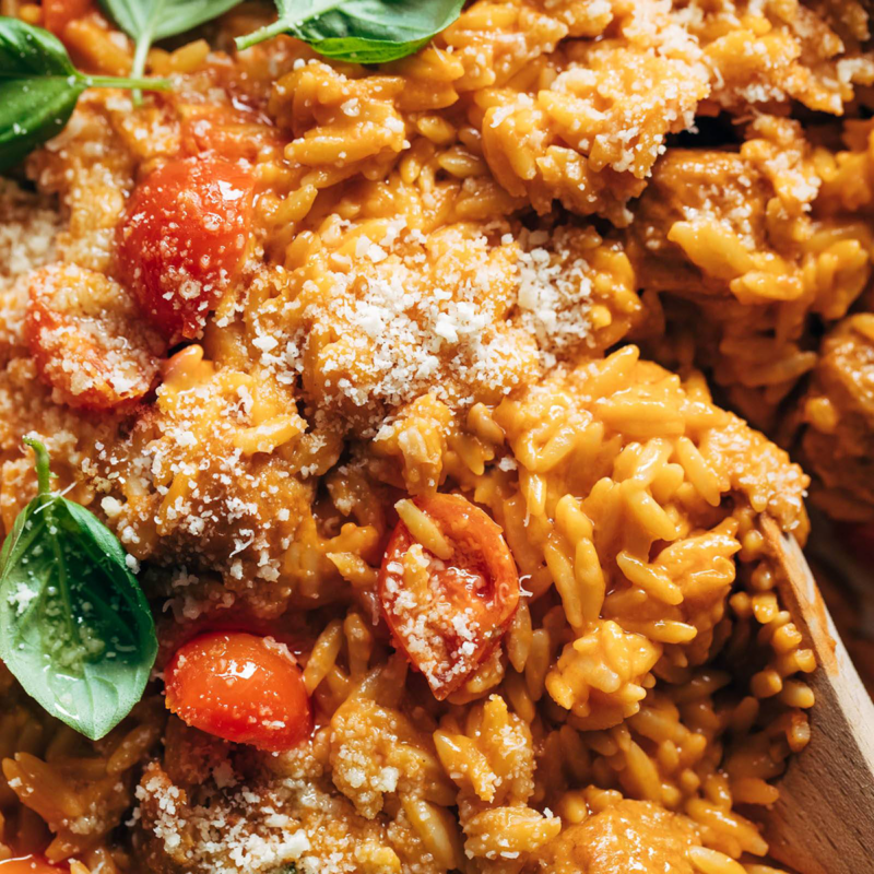 A picture of Creamy Baked Orzo with Meatballs