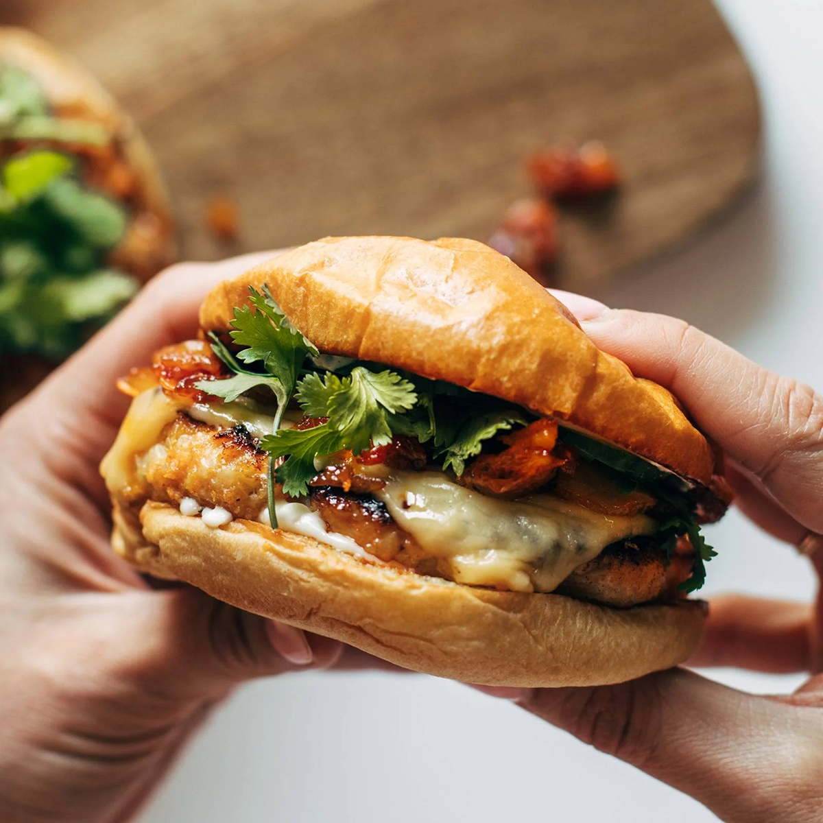 Gochujang chicken burger with kimchi jam.